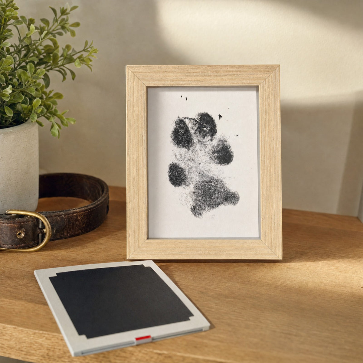 Framed paw print on a shelf
