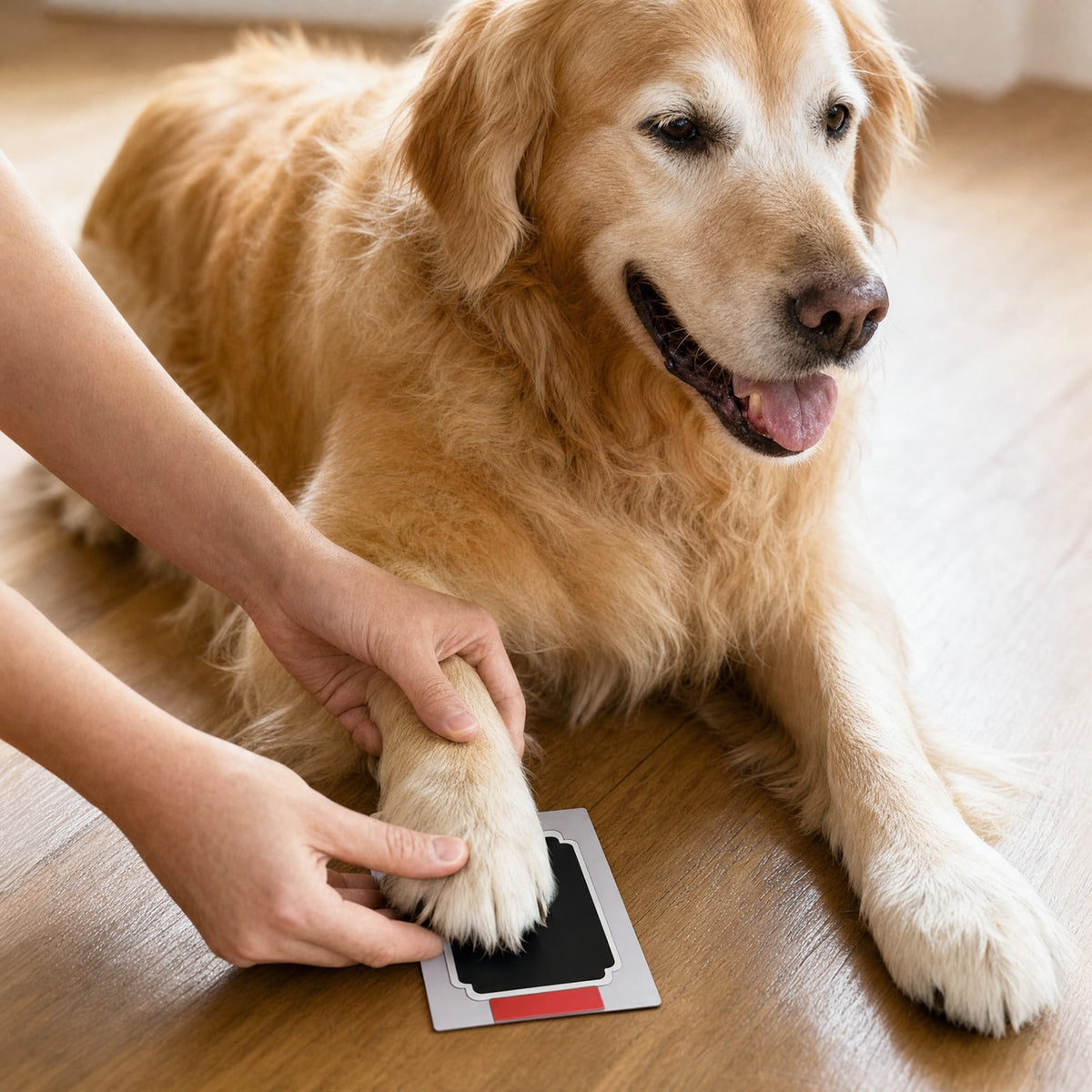 Pressing a senior dog's paw onto the ink pad