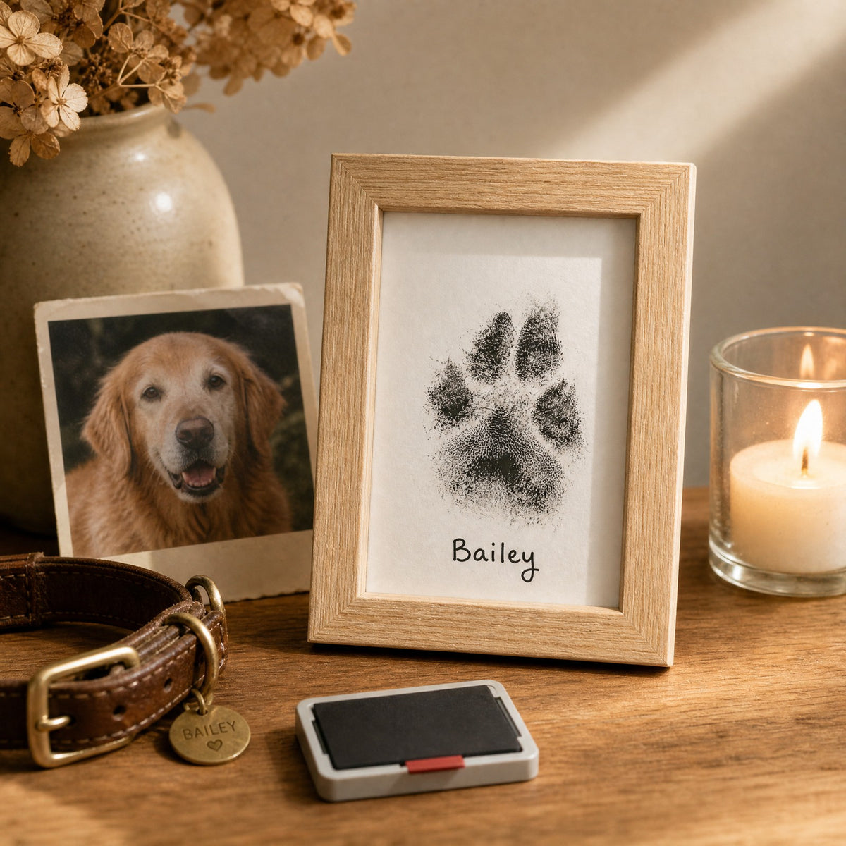 Framed paw print with the pet's name, next to a photo and candle