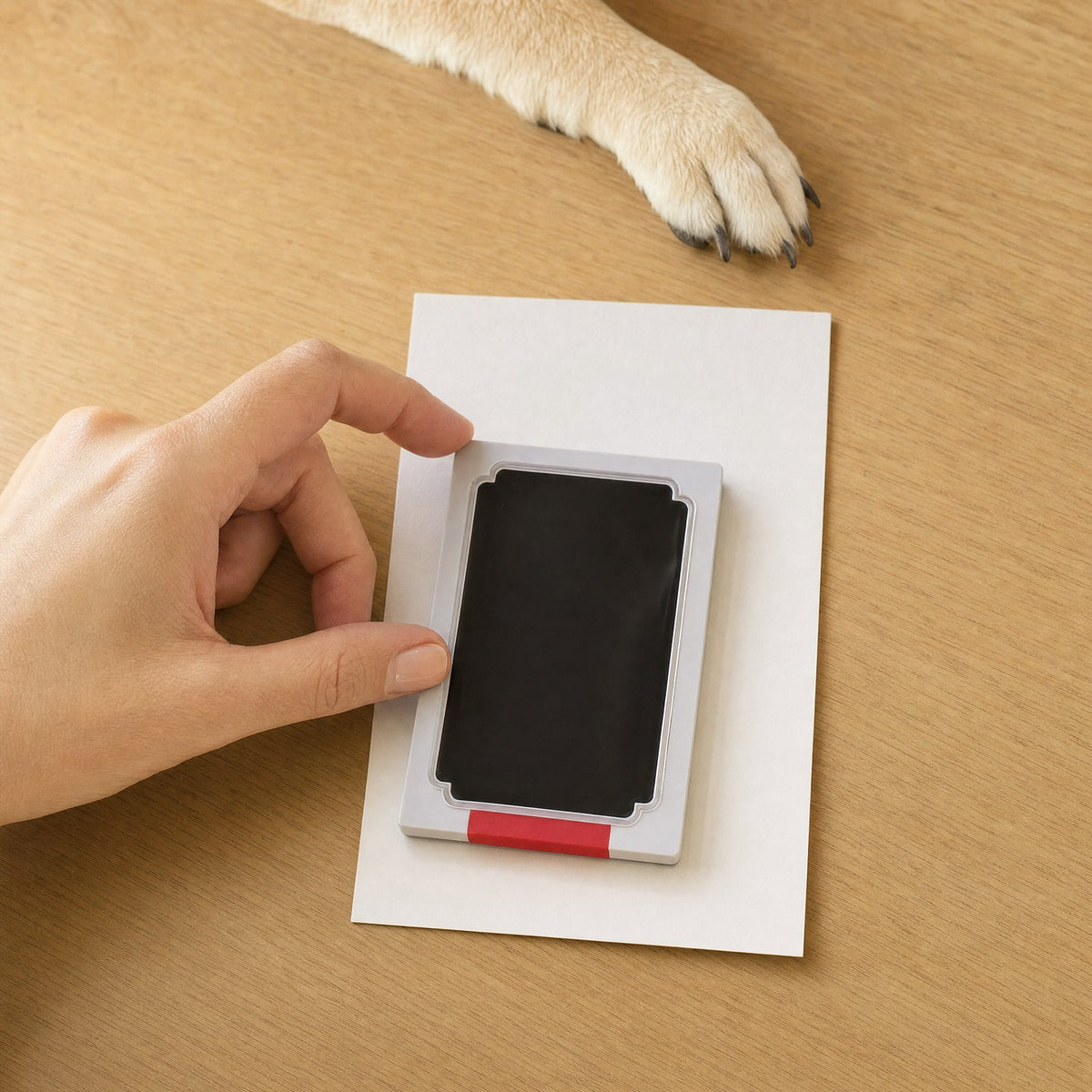 Step 1: card flat, pad on top, ink side down